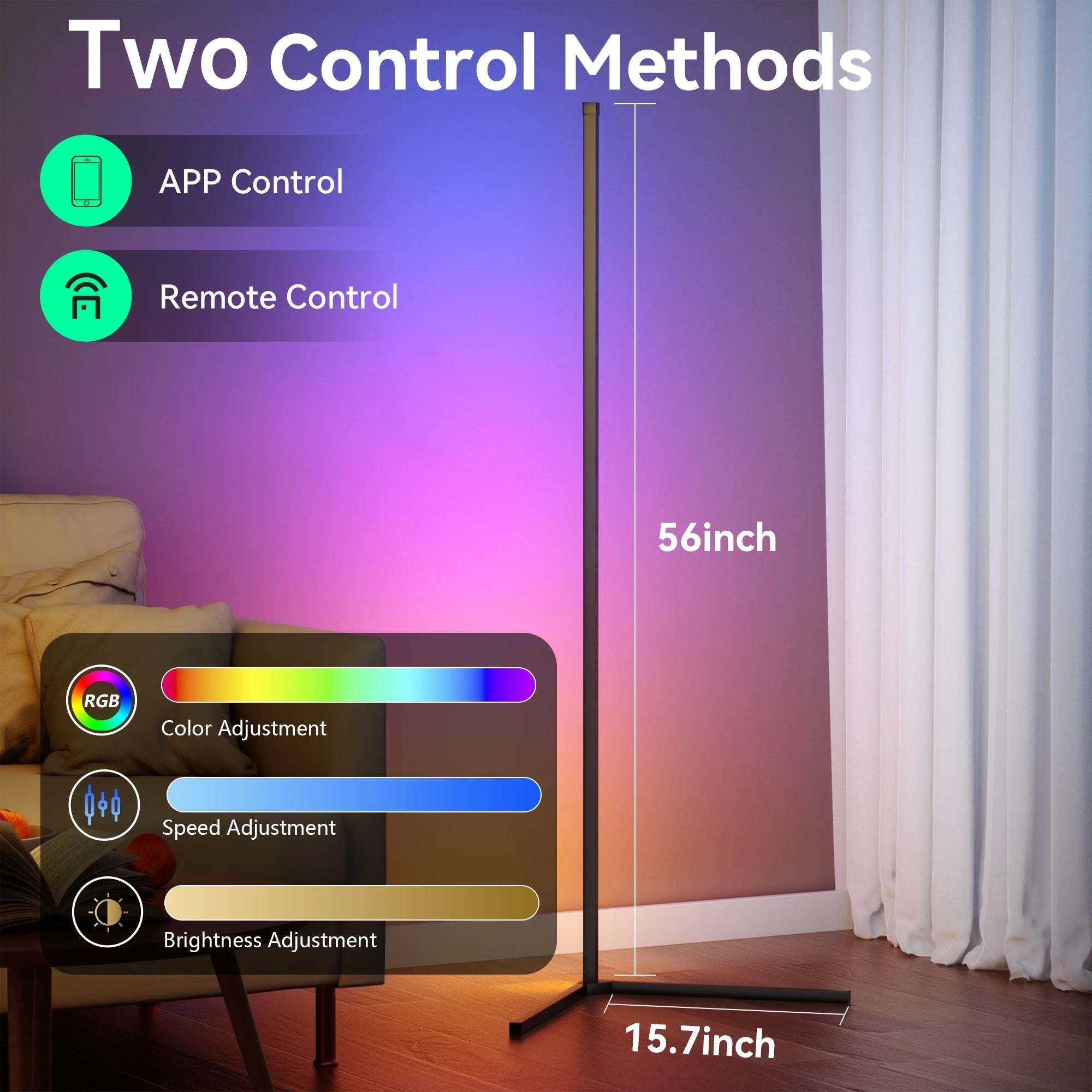 Smart RGB floor lamp with app and remote control for customizable lighting.
