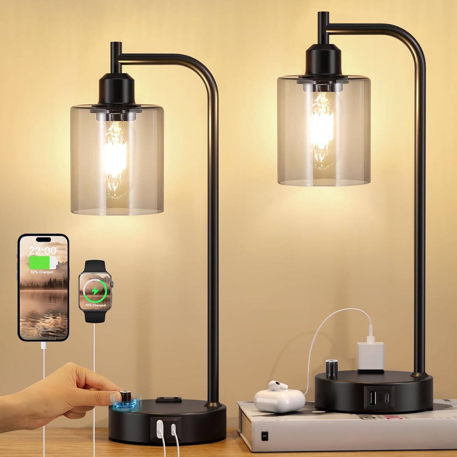 Black table lamps with glass shades and USB charging ports