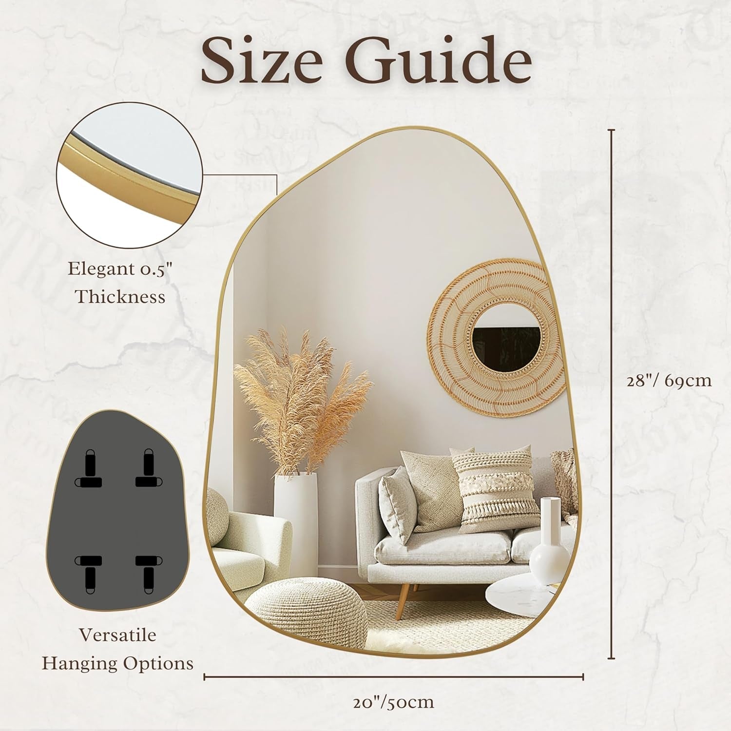 Gold irregular wall mirror, 27x40 inches with versatile hanging options and elegant design.
