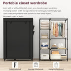 Portable fabric closet wardrobe with hanging rod, shelves, and side pockets for organized storage.
