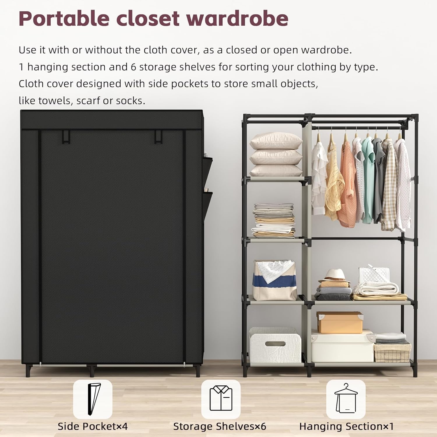 Portable fabric closet wardrobe with hanging rod, shelves, and side pockets for organized storage.