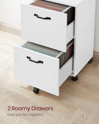 White filing cabinet with 2 spacious drawers for documents, folders, and office storage.