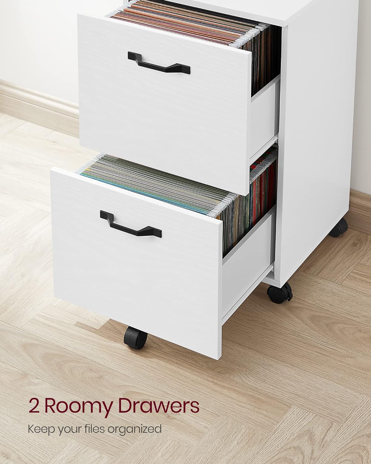 White filing cabinet with 2 spacious drawers for documents, folders, and office storage.
