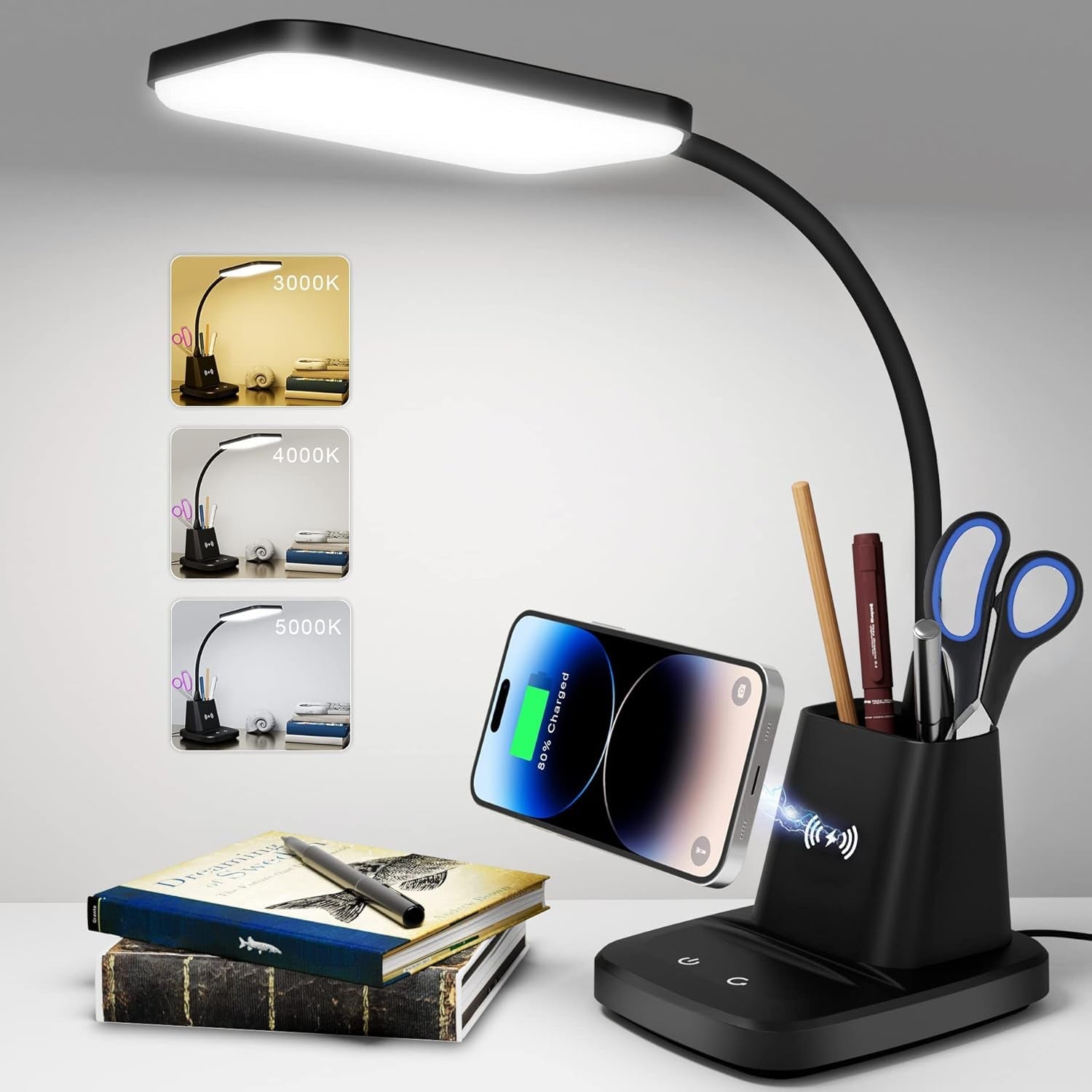 LED desk lamp with wireless charging, pen holder, and adjustable brightness.
