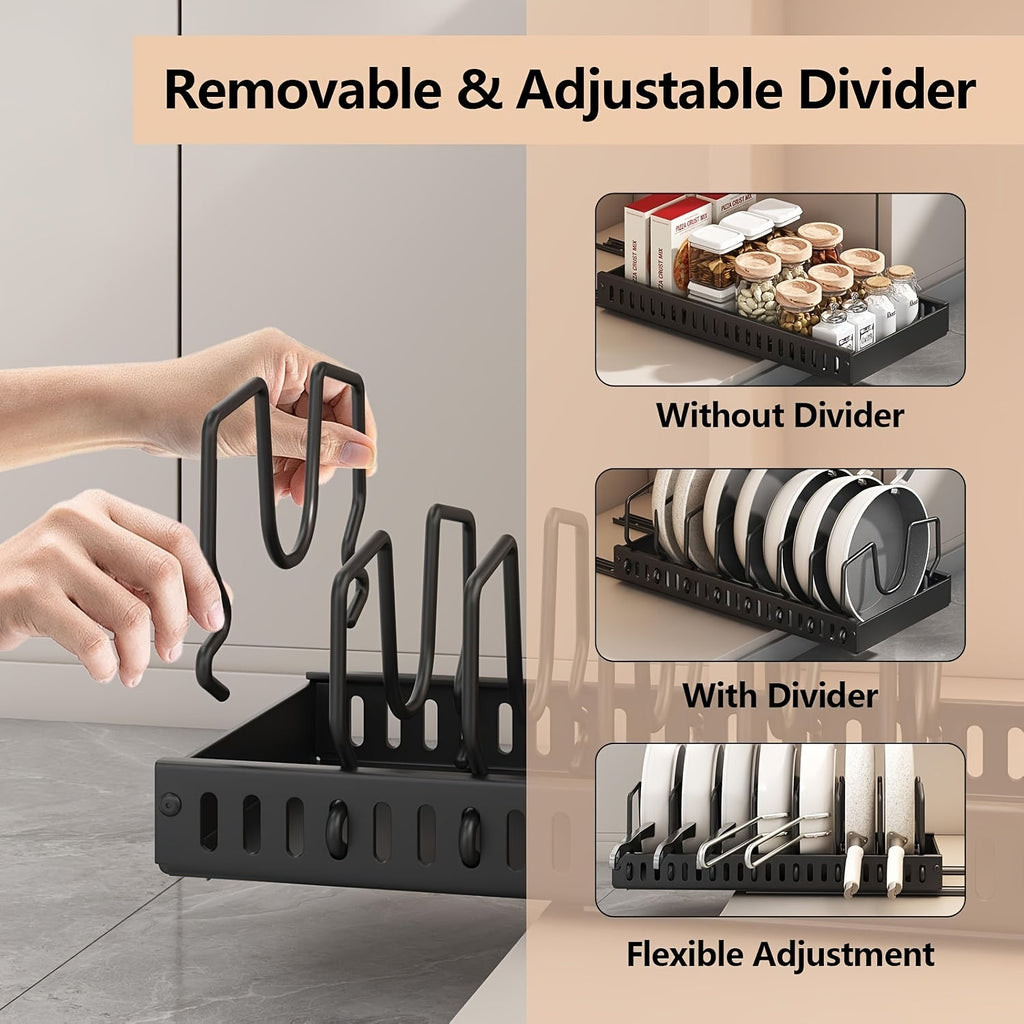 Adjustable kitchen organizer with removable dividers for flexible storage solutions.