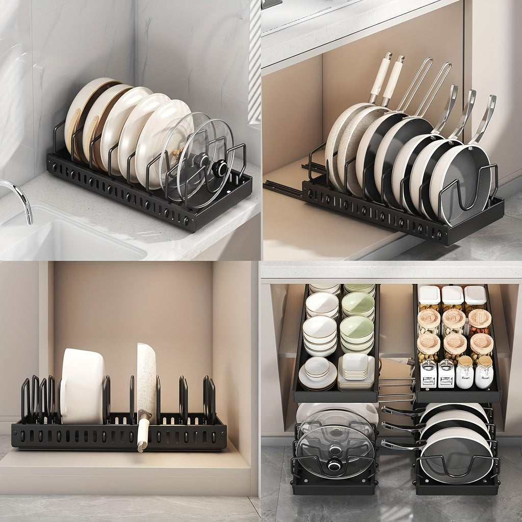 Multi-purpose adjustable kitchen rack for organizing plates, pans, lids, and pantry items.