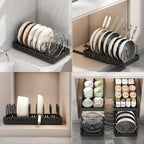 Multi-purpose adjustable kitchen rack for organizing plates, pans, lids, and pantry items.
