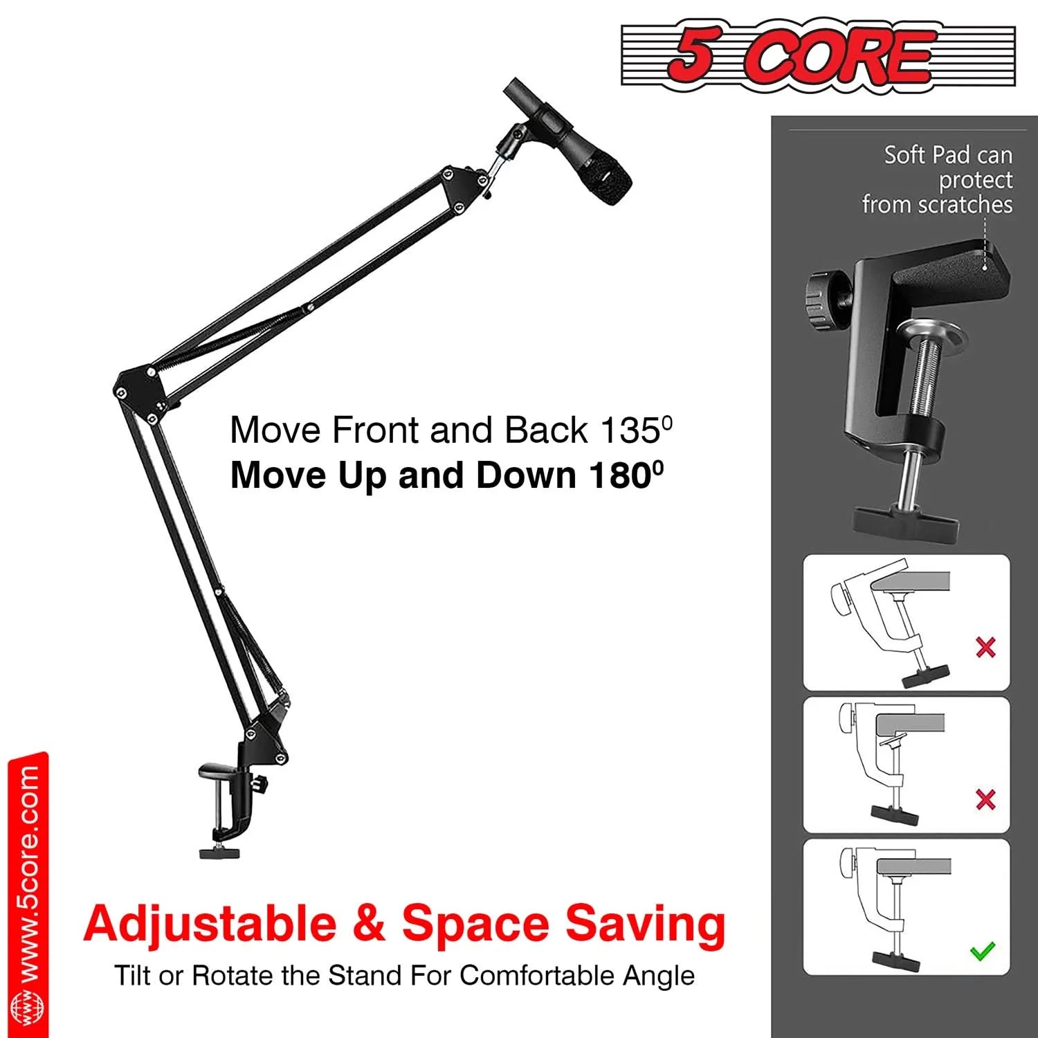 Adjustable microphone stand with 360° rotation and clamp mount