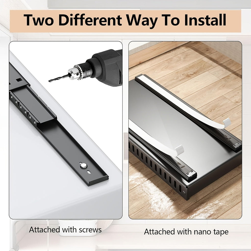 Kitchen storage rack with dual installation options: screws or nano tape.