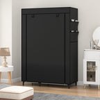 Black fabric wardrobe with cover and side pockets for neat bedroom storage.