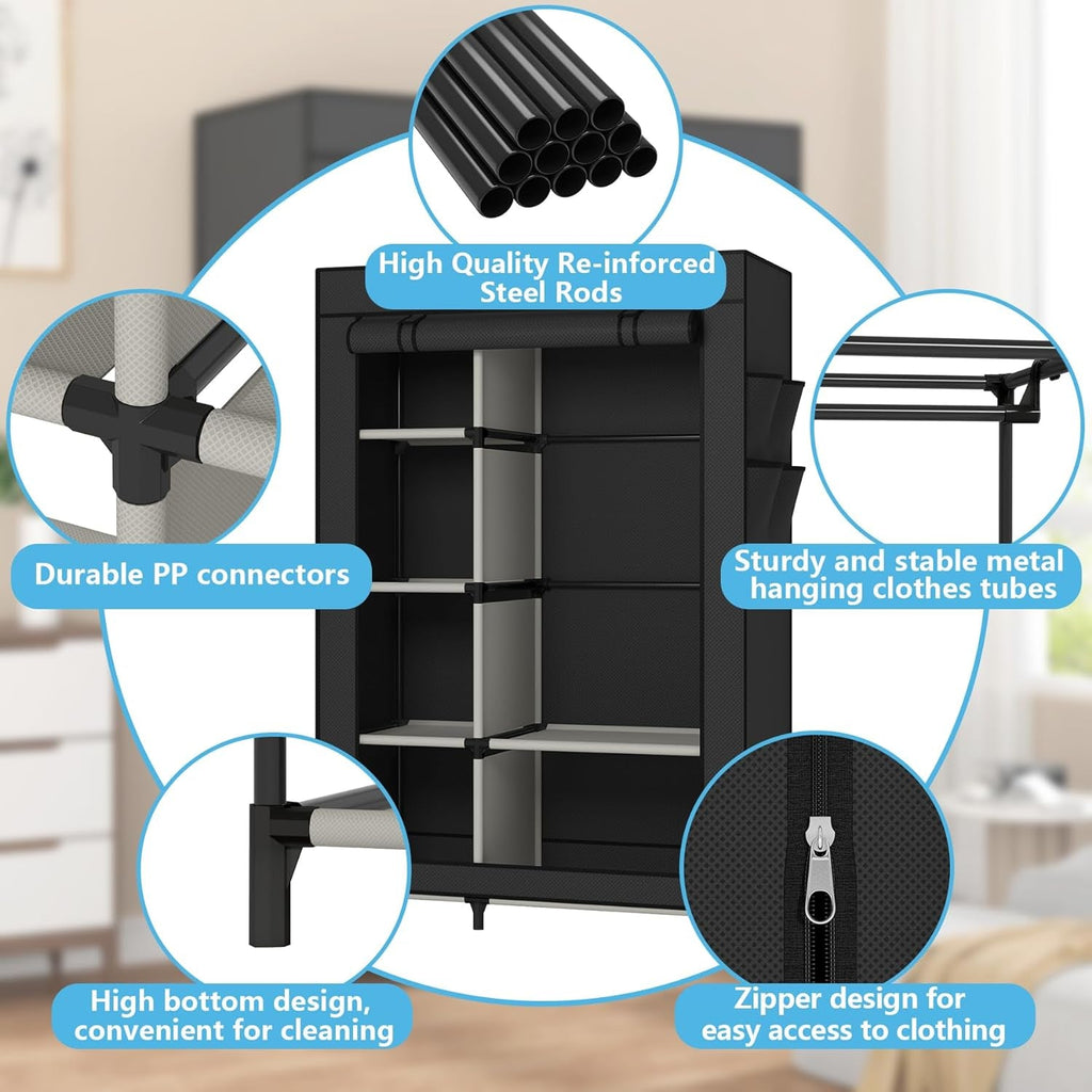 Durable fabric wardrobe with steel rods, shelves, zipper cover, and sturdy connectors.
