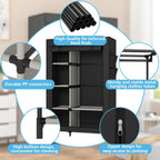 Durable fabric wardrobe with steel rods, shelves, zipper cover, and sturdy connectors.