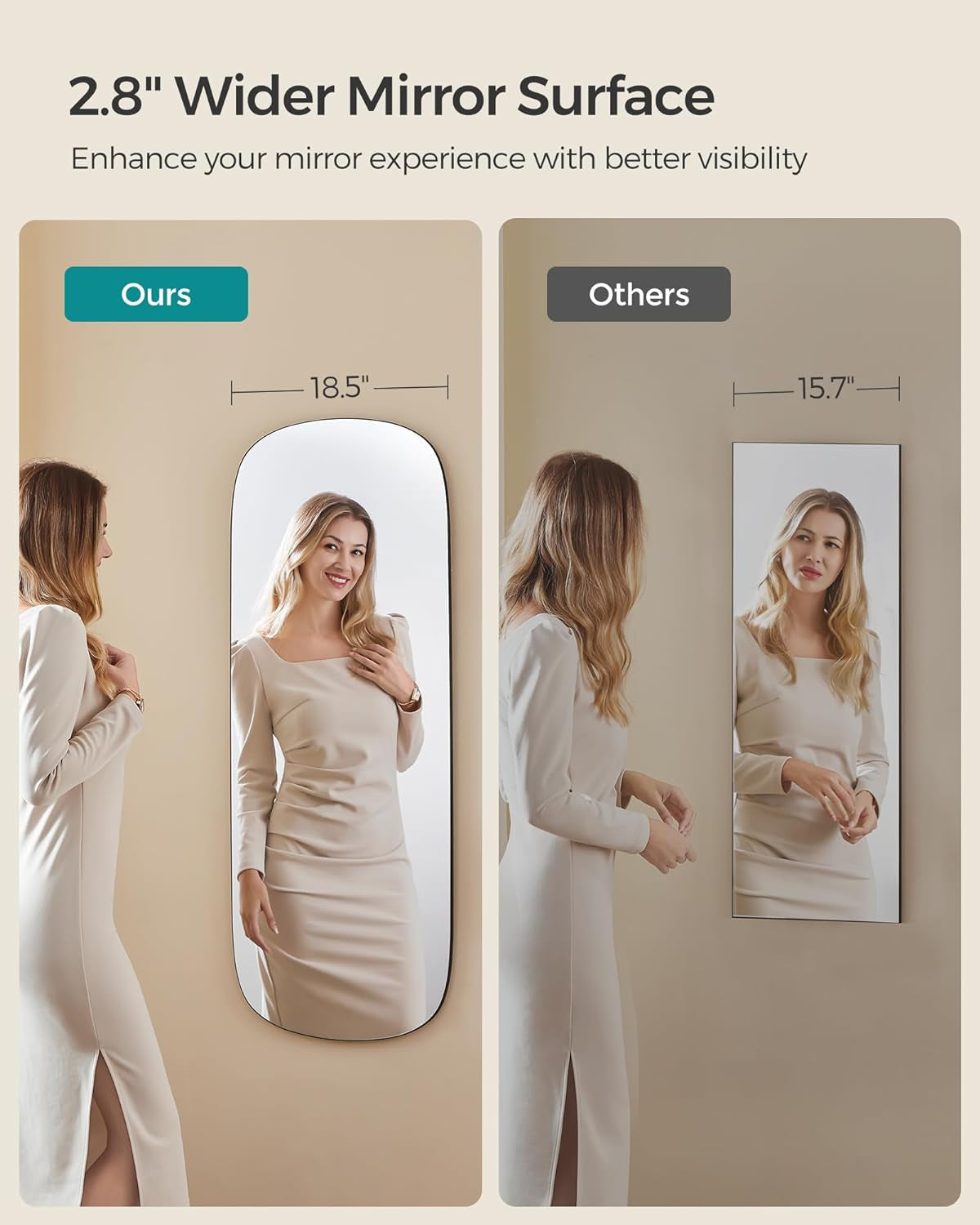 Wide full-length wall mirror with rounded edges for clear reflection and modern home decor.
