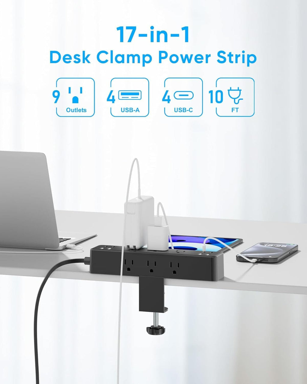 Peach Maple Furniture 10Ft / 9Ac8Usb-40W 17-in-1 Desk Power Hub