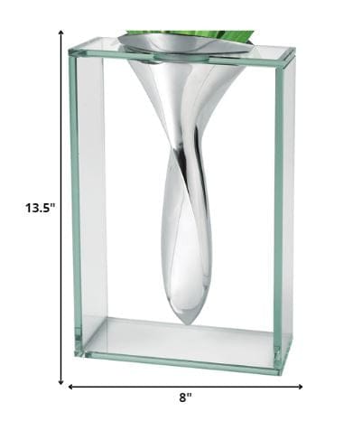 Jade Furniture 14" Mouth Blown Crystal Non Tarnish Aluminum and Glass Vase