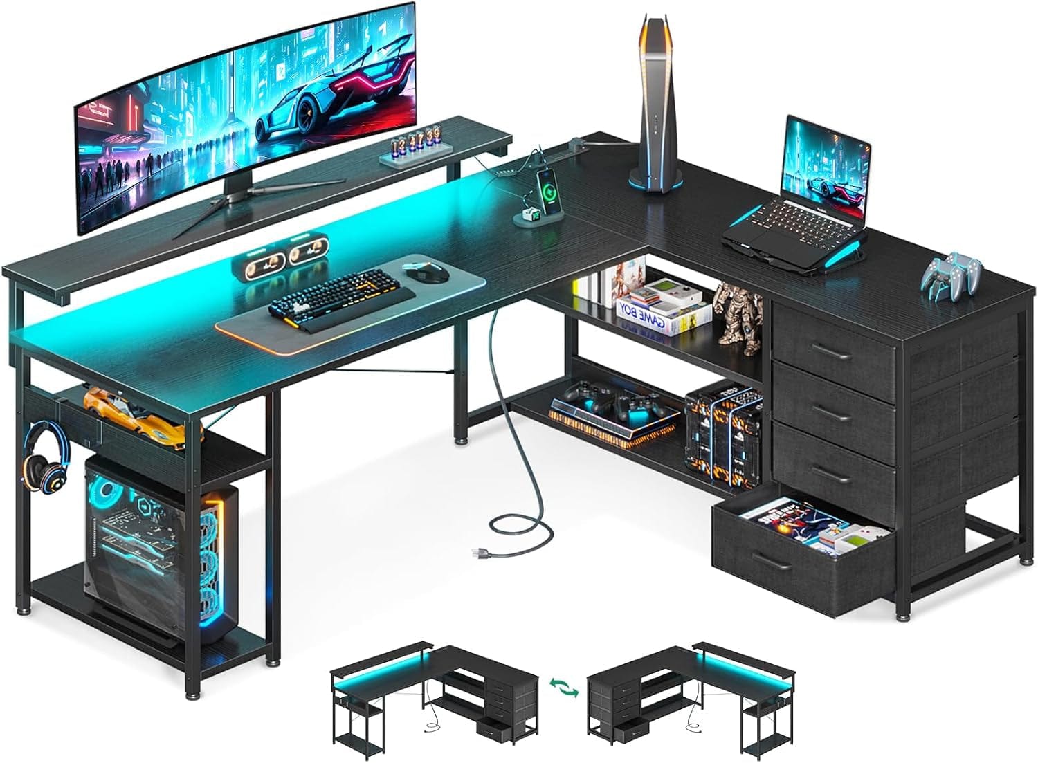 Furniture 61" L-Shaped Desk with Power & USB Charging