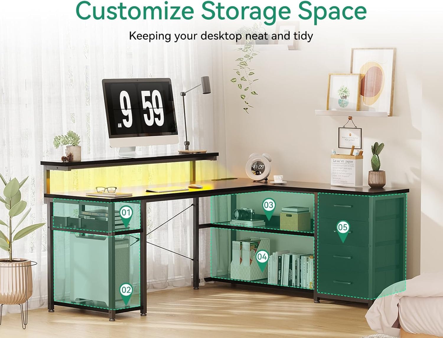 Furniture 61" L-Shaped Desk with Power & USB Charging