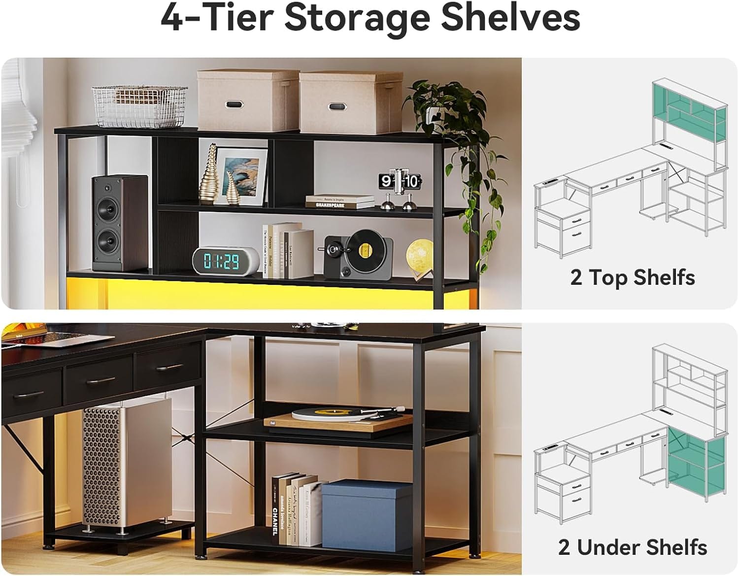 Furniture 79″ Reversible L-Shaped Desk with Storage – Black