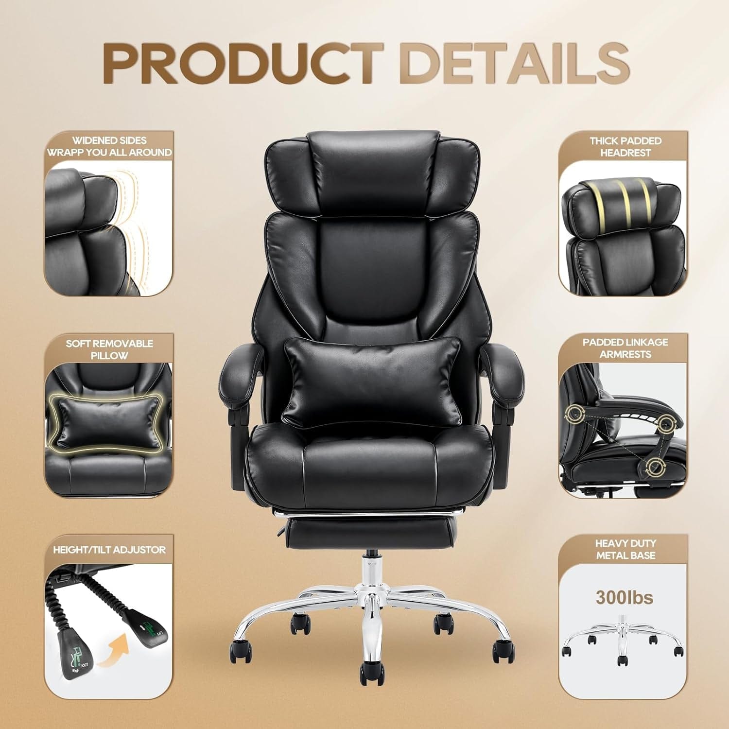 Peach Maple Furniture Black Ergonomic Executive Chair with Footrest