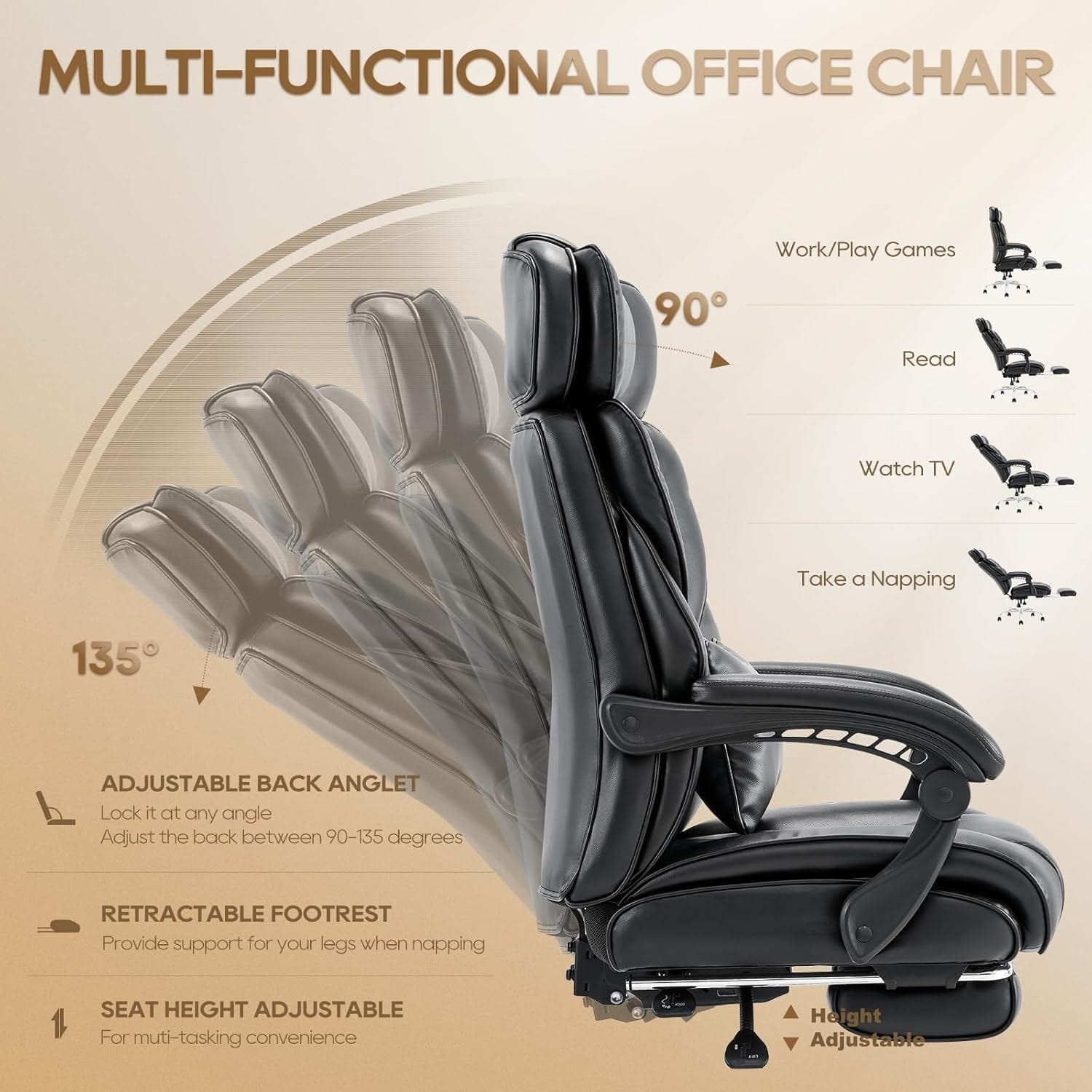 Peach Maple Furniture Black Ergonomic Executive Chair with Footrest