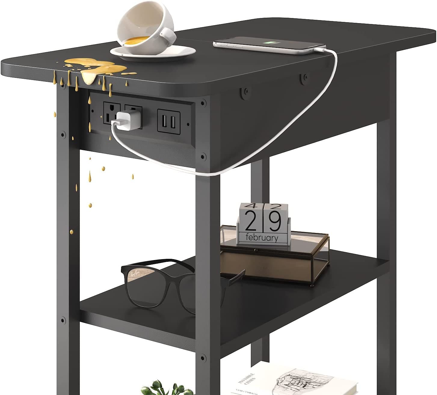 Peach Maple Furniture Black Smart Flip Charging End Table