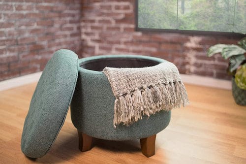 Furniture Dark Teal Velvet Storage Ottoman – Round Living Room Seat