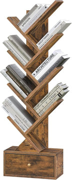 Peach Maple Furniture Rustic Brown 9 Tier Tree Book Shelf with Drawer, Floor Standing Bookshelf Storage