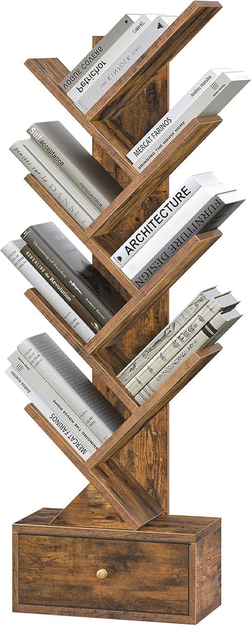 Peach Maple Furniture Rustic Brown 9 Tier Tree Book Shelf with Drawer, Floor Standing Bookshelf Storage