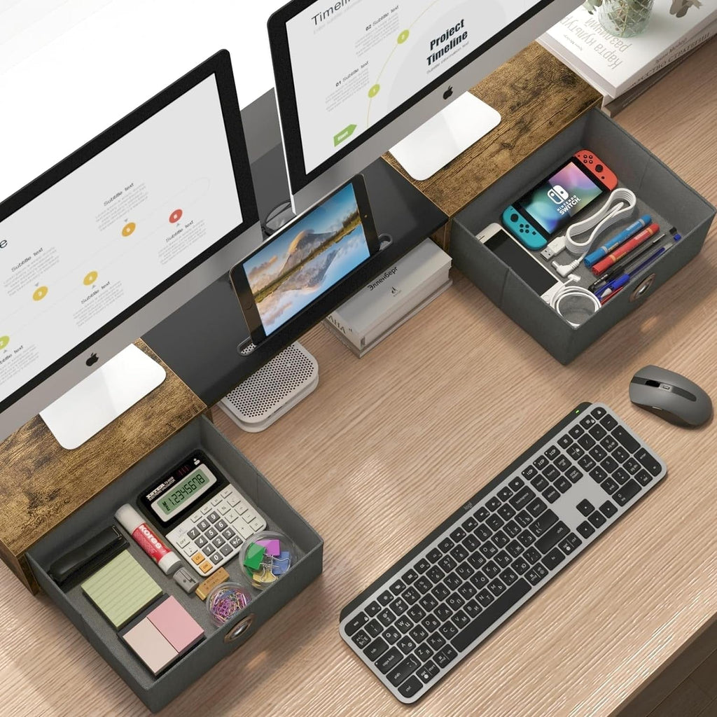 Peach Maple Furniture Rustic Brown Dual Monitor Riser with Storage