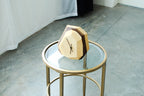 Geometric two-tone wooden desk clock with modern minimalist design.
