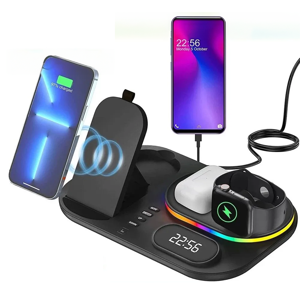 Multi-device wireless charging station with LED clock display
