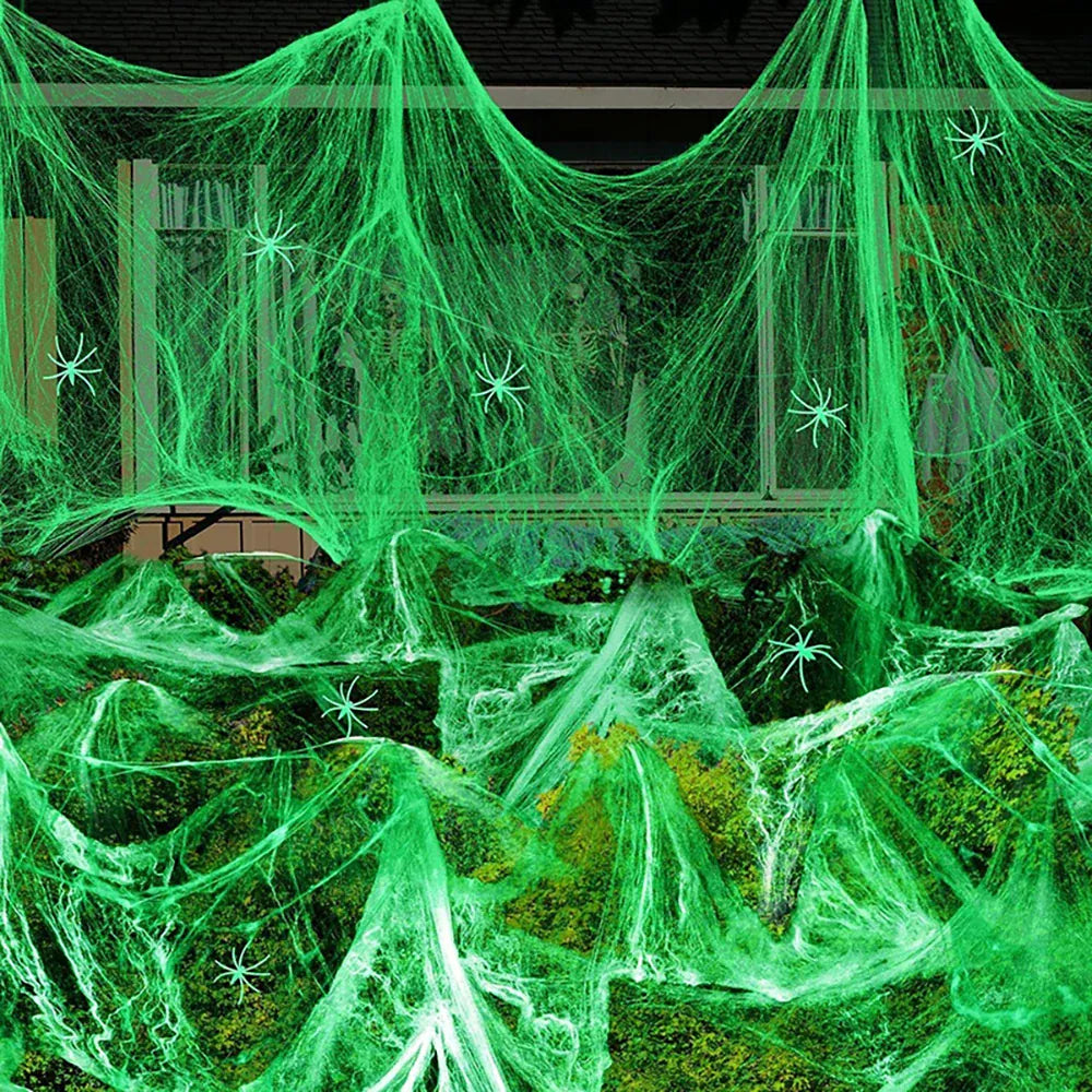 Luminous Stretchy Spider Web with Fake Spiders | Elevate Your Space