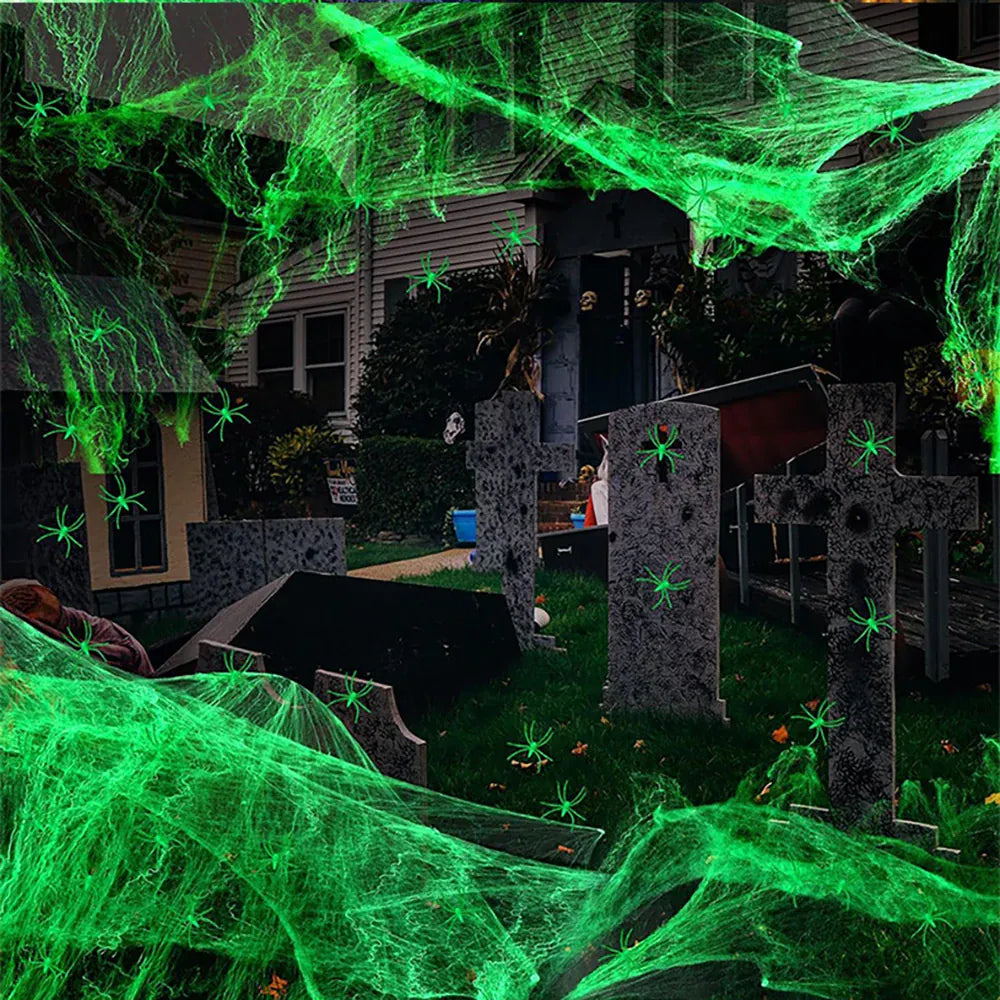 Luminous Stretchy Spider Web with Fake Spiders | Elevate Your Space