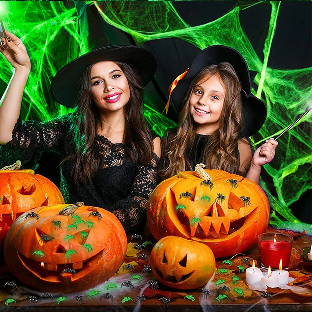 Luminous Stretchy Spider Web with Fake Spiders | Elevate Your Space