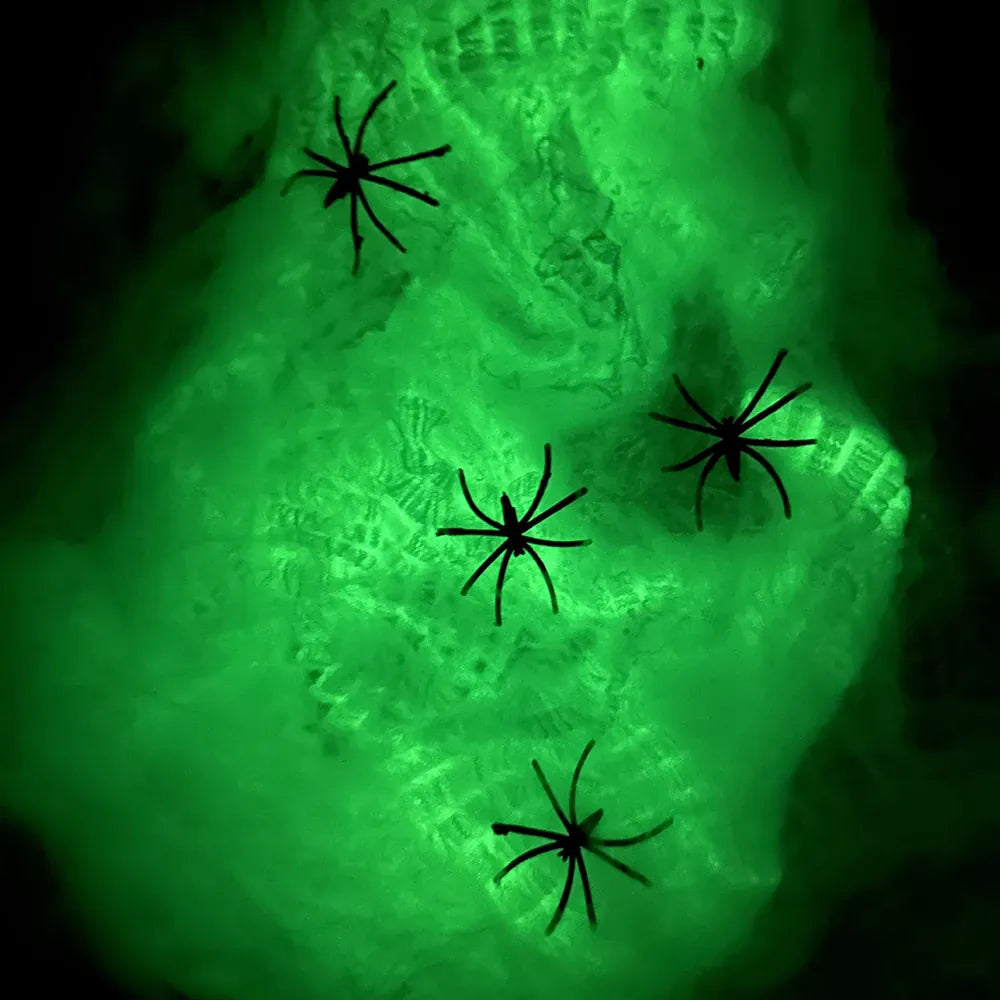 Luminous Stretchy Spider Web with Fake Spiders | Elevate Your Space
