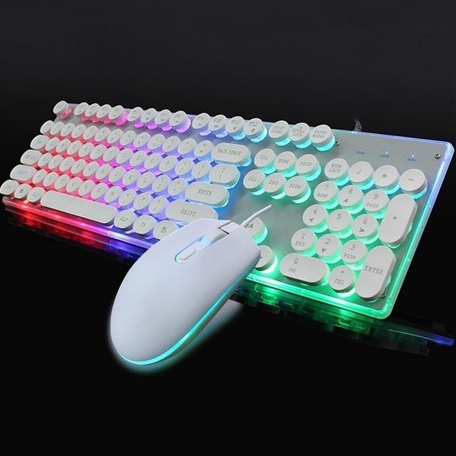 White RGB mechanical keyboard with round keys and LED mouse