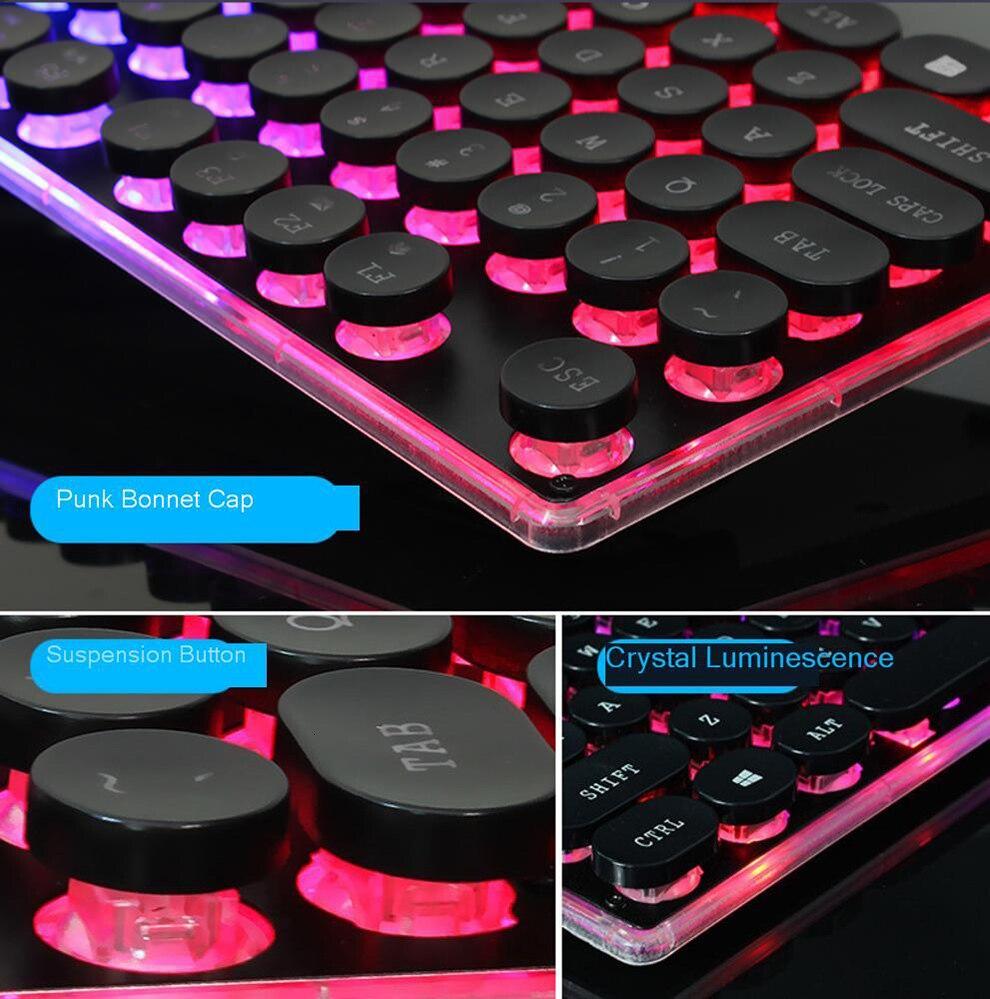 Close-up of black retro round keycaps on RGB backlit keyboard
