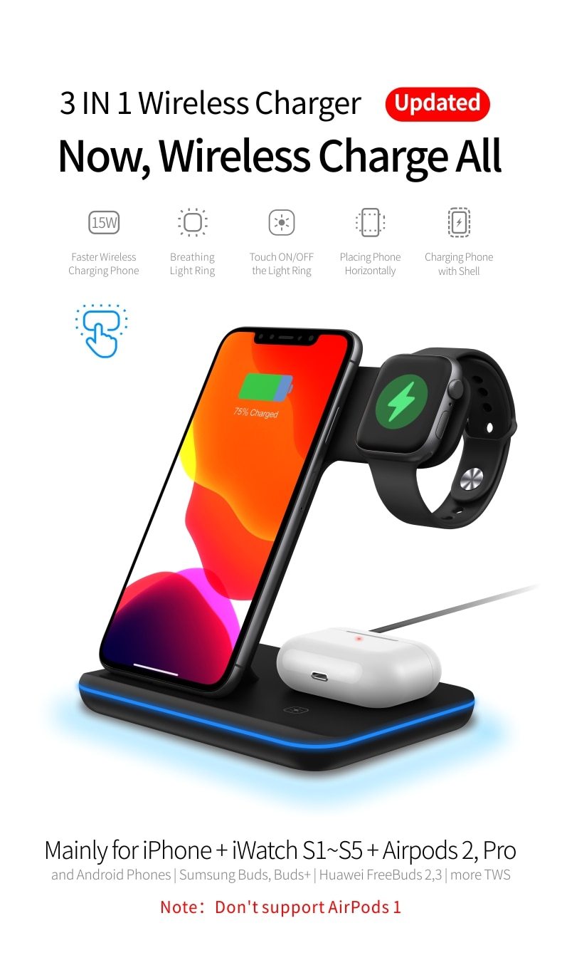 Fast 3-in-1 wireless charging dock for iPhone, Apple Watch, and AirPods