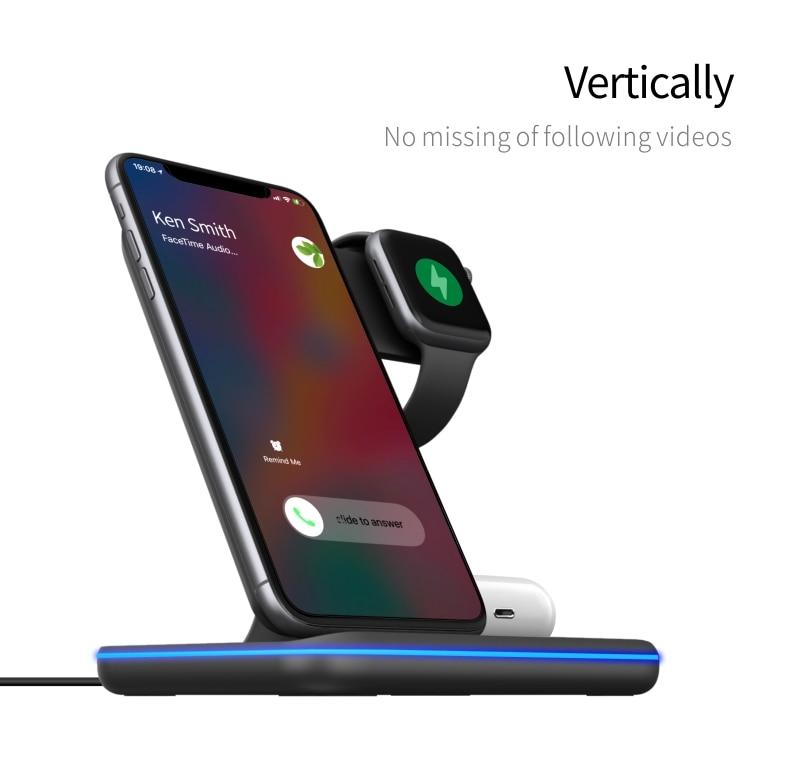 Vertical 3-in-1 wireless charging dock for iPhone, Apple Watch, and AirPods