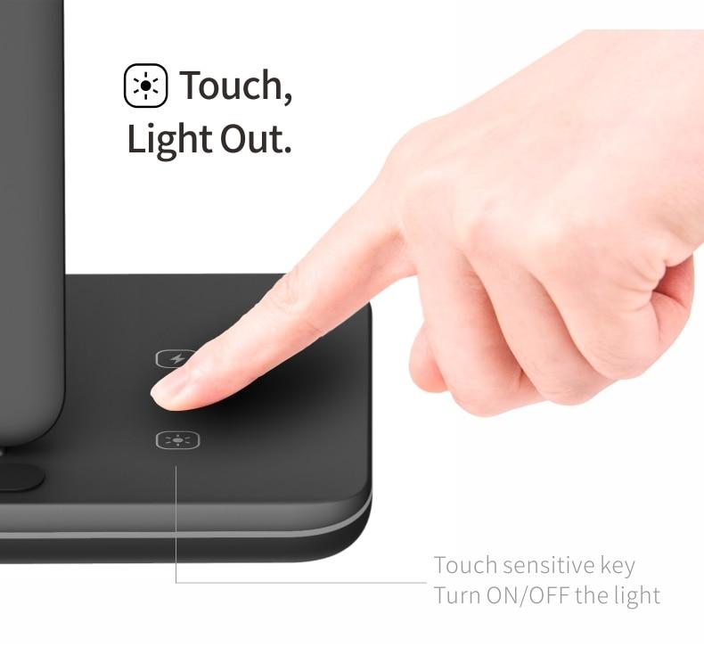 Touch sensitive button to control LED light on wireless charging dock