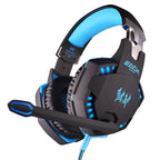 Black and blue gaming headset with LED lights and microphone