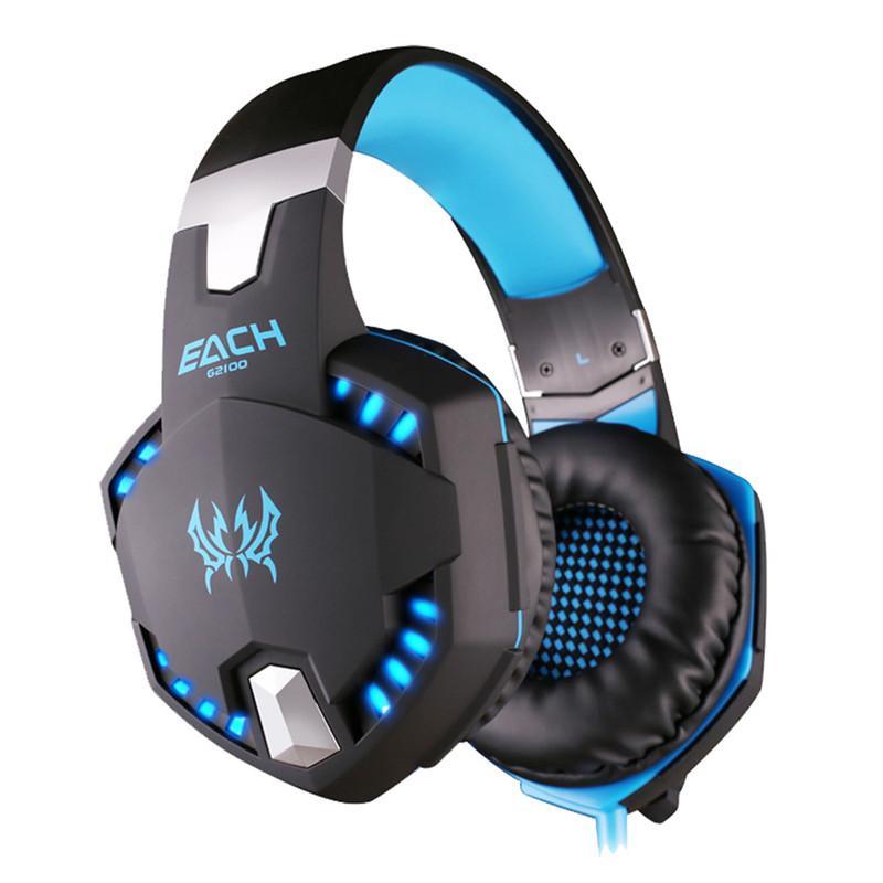 Black and blue gaming headset with cushioned ear pads and LED lights