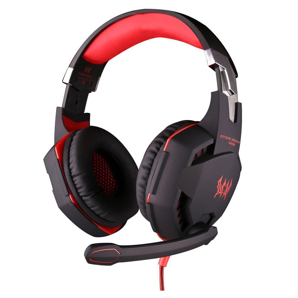 Black and red gaming headset with cushioned ear pads and microphone