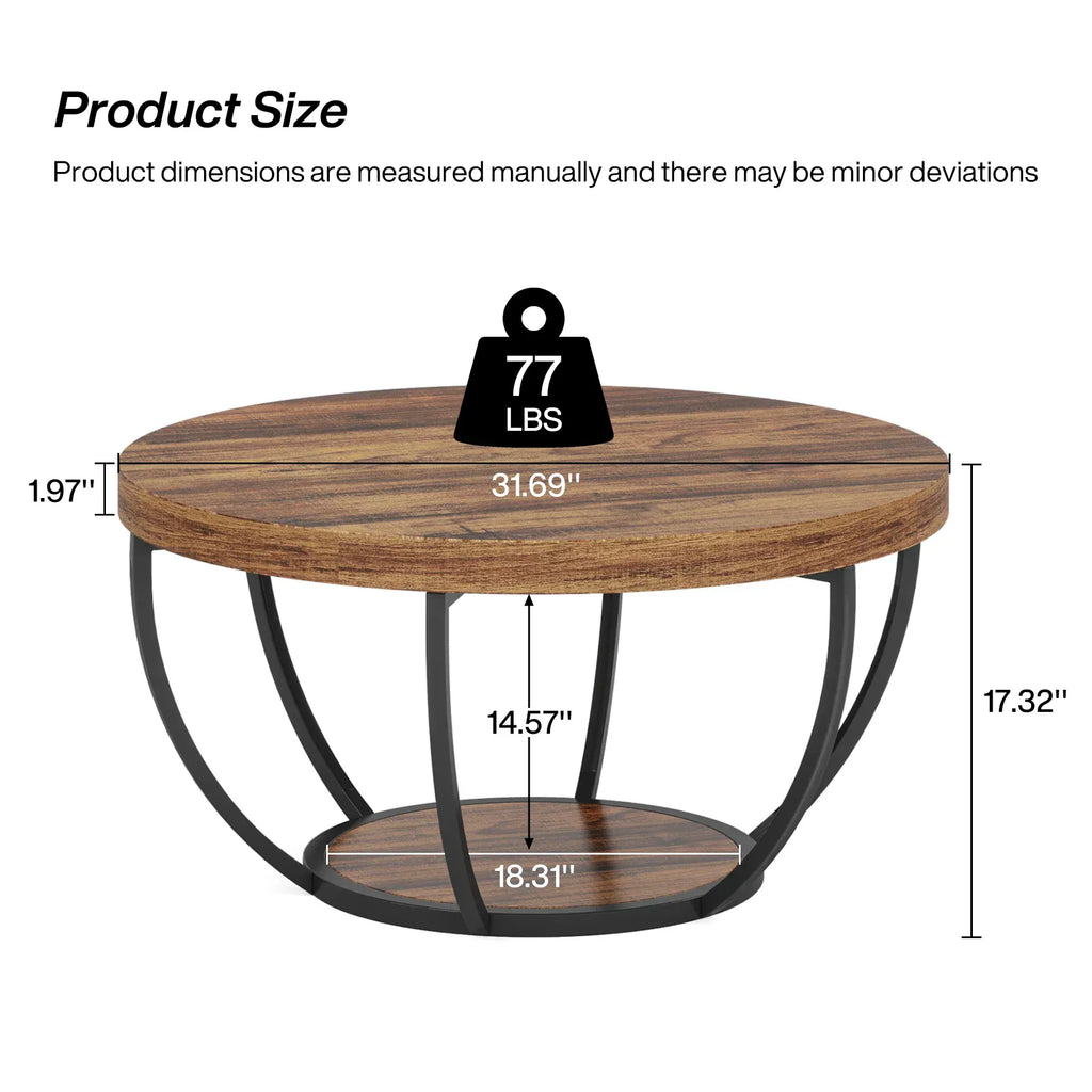 Tribesigns 31.7" Round 2-Tier Industrial Coffee Table