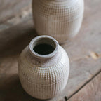 Rustic textured ceramic vase for dried flowers, greenery, and farmhouse home decor.
